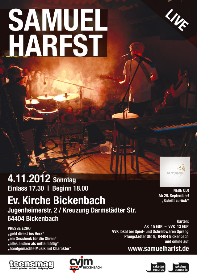 Flyer zum Konzert mit Samuel Harfst am 04.11.2012 in der Ev. Kirche Bickenbach